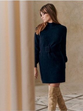 Sézane Black Belted Sweater Mini Dress